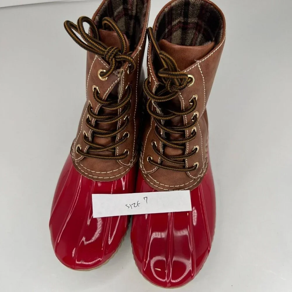 Dr Scholl's Women's Red Brown Lace-Up Sleek Waterproof Size 7 Rain Duck Boots